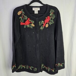 Tiara International Vintage Zip Up Christmas Sweater Cardinals Embroidered